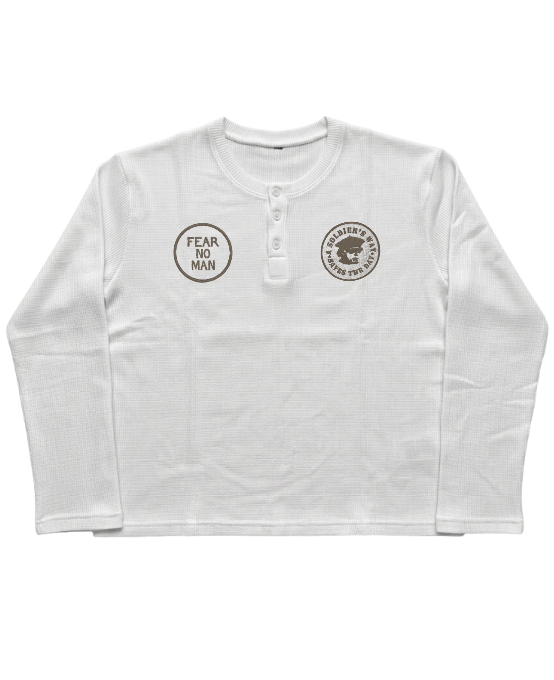 White Henley waffle knit Front Design