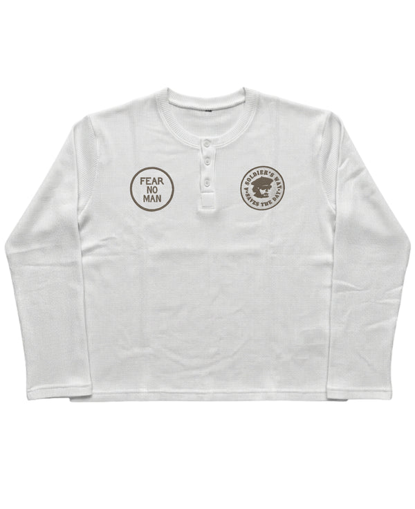 White Henley waffle knit Front Design